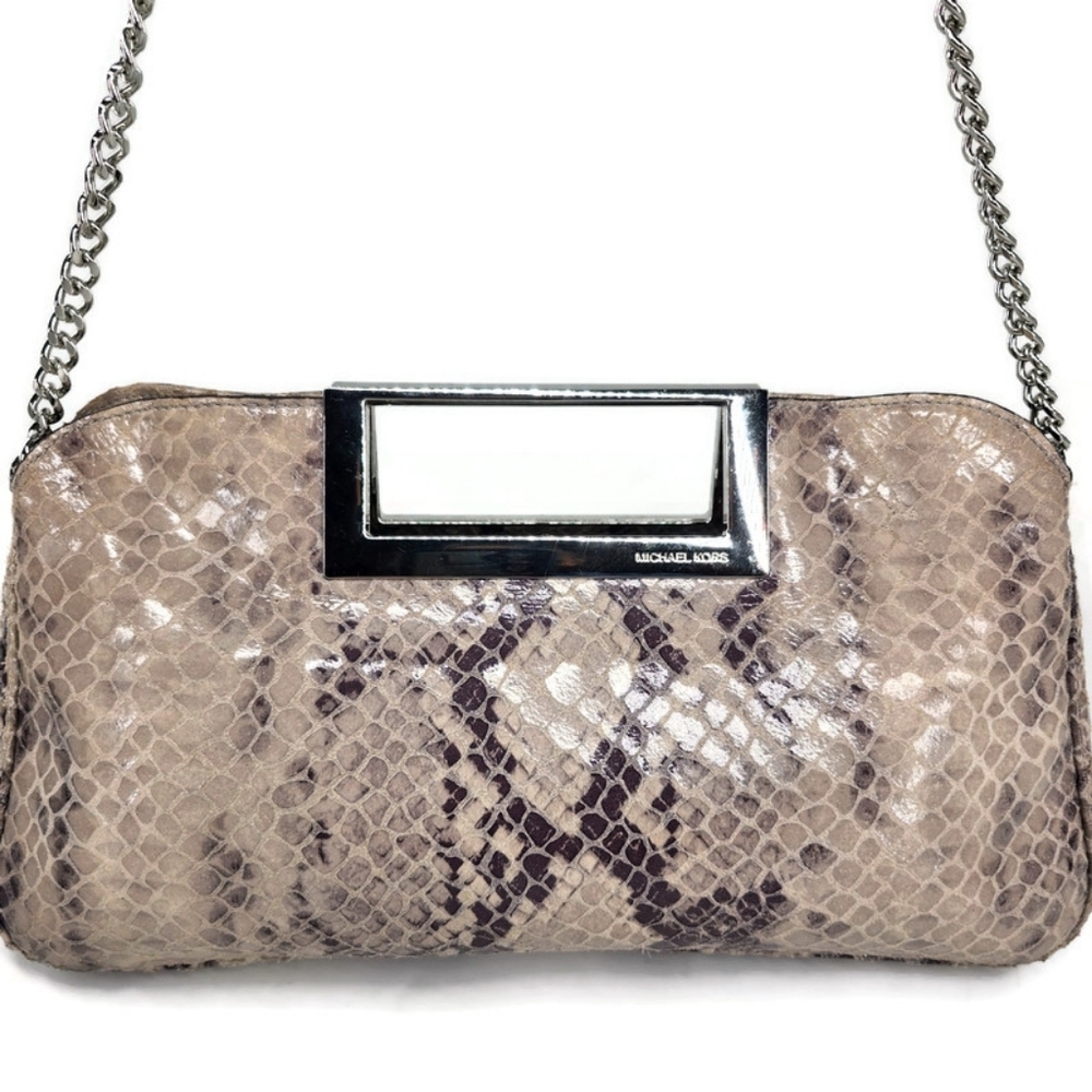 Michael Kors Berkley Pearl Grey & Cream Python Leather Clutch Or Shoulder Bag - Picture 4 of 16